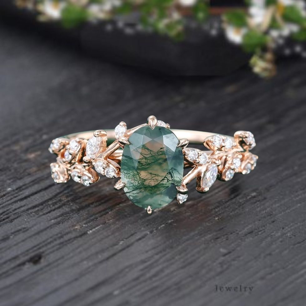 Oval cut Moss Agate Engagement Ring Leaf and vine Engagement Ring White Gold Ring Nature Inspired Alternative Gemstone Promise ring for her